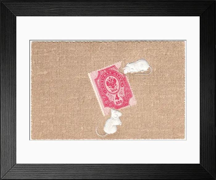 Framed Print : Two mice eating a Russian stamp on a postcard Framed Print : Two mice eating a Russian stamp on a postcard