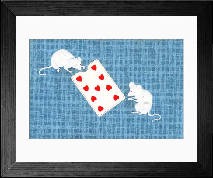 Framed Print : Two mice eating a playing card on a postcard Framed Print : Two mice eating a playing card on a postcard