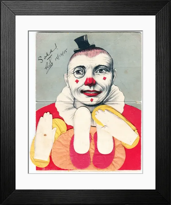 Framed Print : Colourful clown on a novelty postcard Framed Print : Colourful clown on a novelty postcard