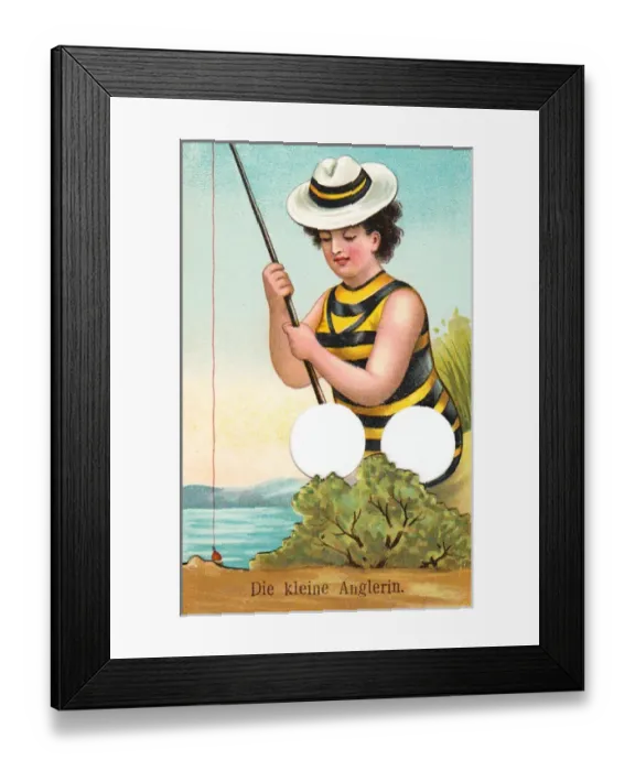 Framed Print : Young woman fishing on a German postcard