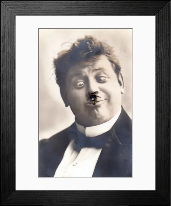 Framed Print : Man with an insect on his nose on a novelty postcard Framed Print : Man with an insect on his nose on a novelty postcard