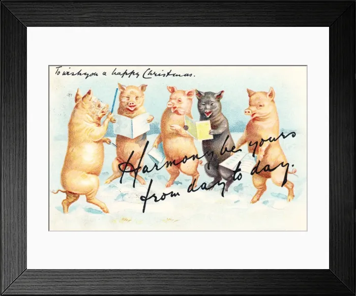 Framed Print : Five pigs singing carols on a Christmas postcard Framed Print : Five pigs singing carols on a Christmas postcard