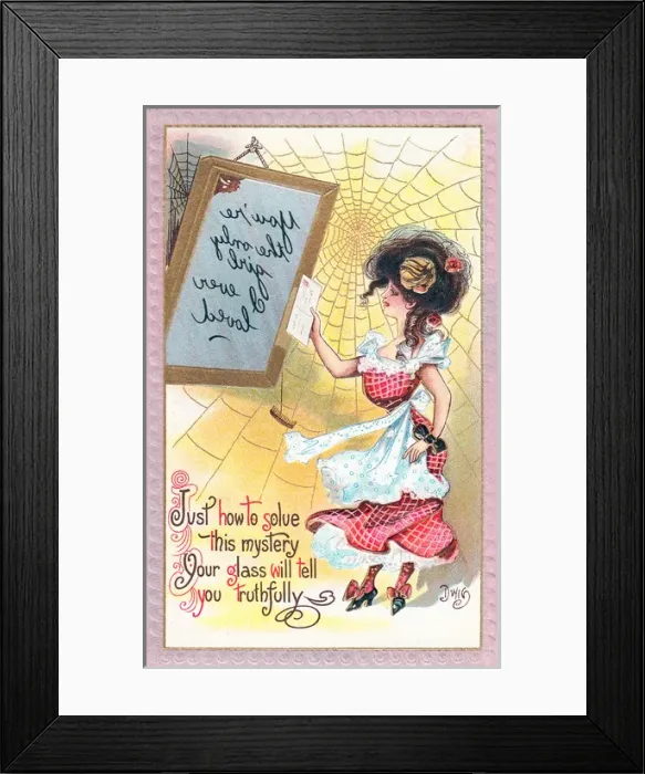 Framed Print : Young woman with mirror on a novelty postcard Framed Print : Young woman with mirror on a novelty postcard