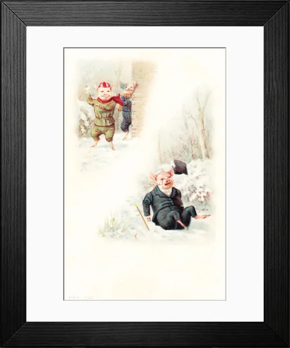 Framed Print : Snowballing pigs on a Christmas postcard Framed Print : Snowballing pigs on a Christmas postcard
