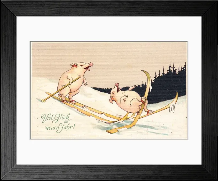 Framed Print : Two pigs skiing on a German New Year postcard Framed Print : Two pigs skiing on a German New Year postcard