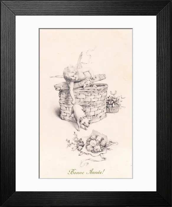 Framed Print : Cupid and piglets on a French New Year postcard Framed Print : Cupid and piglets on a French New Year postcard