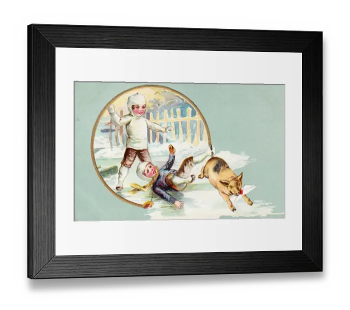 Framed Print : Two boys and a pig on a Christmas postcard Framed Print : Two boys and a pig on a Christmas postcard