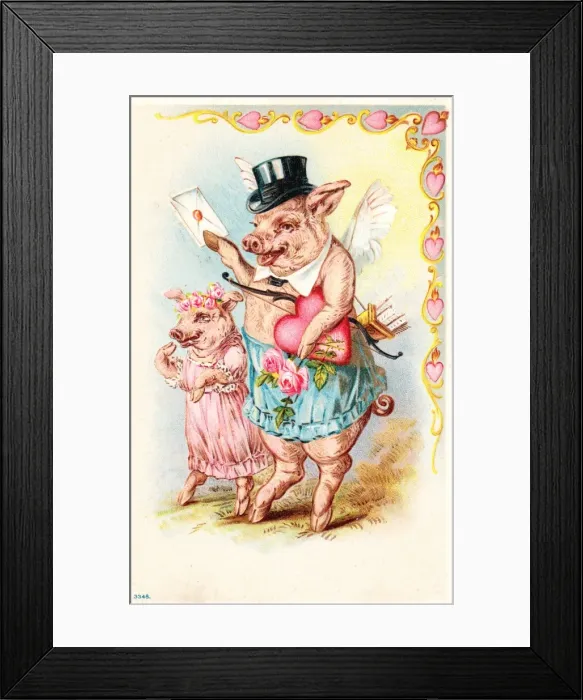Framed Print : Two pigs on a Valentine postcard Framed Print : Two pigs on a Valentine postcard