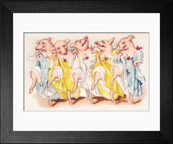 Framed Print : Five pigs dancing the cancan on a French postcard Framed Print : Five pigs dancing the cancan on a French postcard