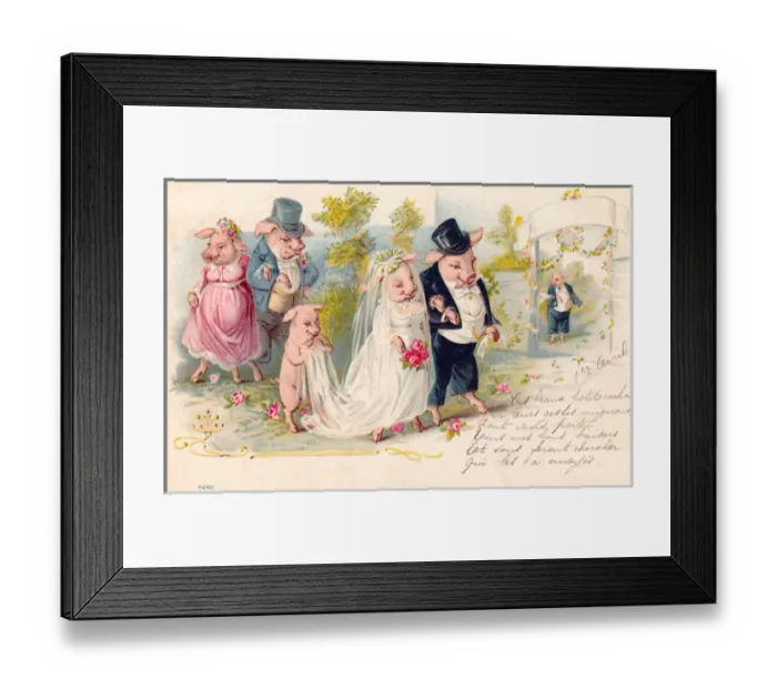 Framed Print : Pig wedding on a French postcard Framed Print : Pig wedding on a French postcard