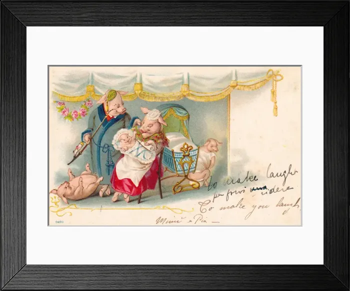 Framed Print : Pig couple with three children on a postcard Framed Print : Pig couple with three children on a postcard