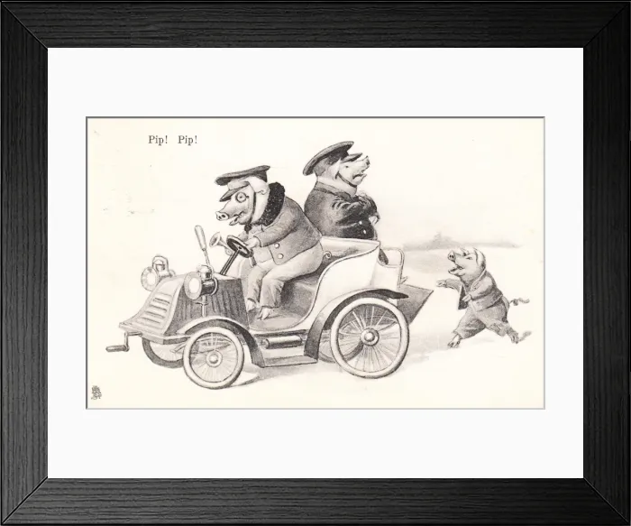 Framed Print : Two pigs in a car on a postcard Framed Print : Two pigs in a car on a postcard