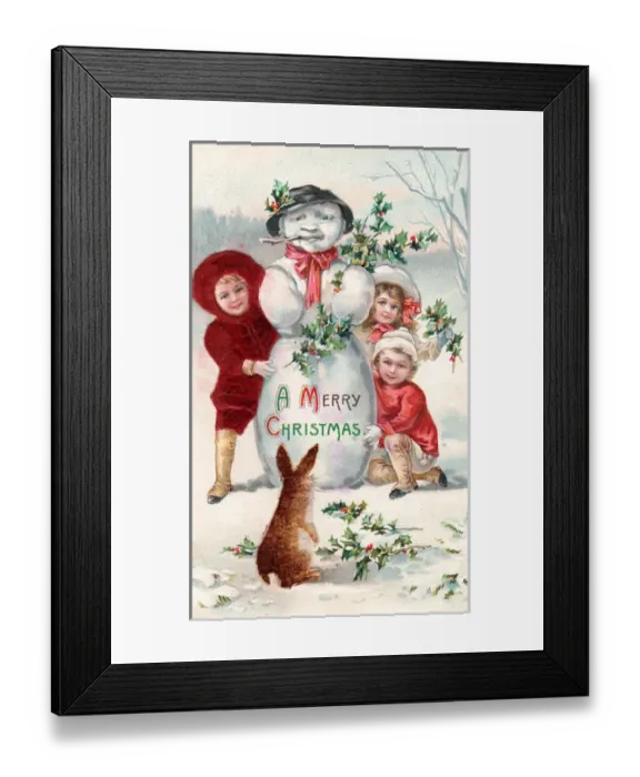 Framed Print : Children with snowman and rabbit on a Christmas postcard Framed Print : Children with snowman and rabbit on a Christmas postcard