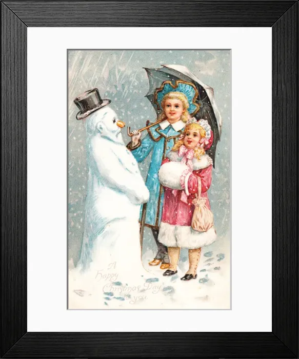 Framed Print : Two girls with snowman on a Christmas postcard Framed Print : Two girls with snowman on a Christmas postcard