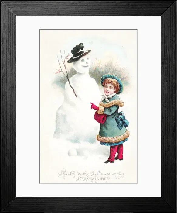 Framed Print : Little girl with snowman on a Christmas postcard Framed Print : Little girl with snowman on a Christmas postcard