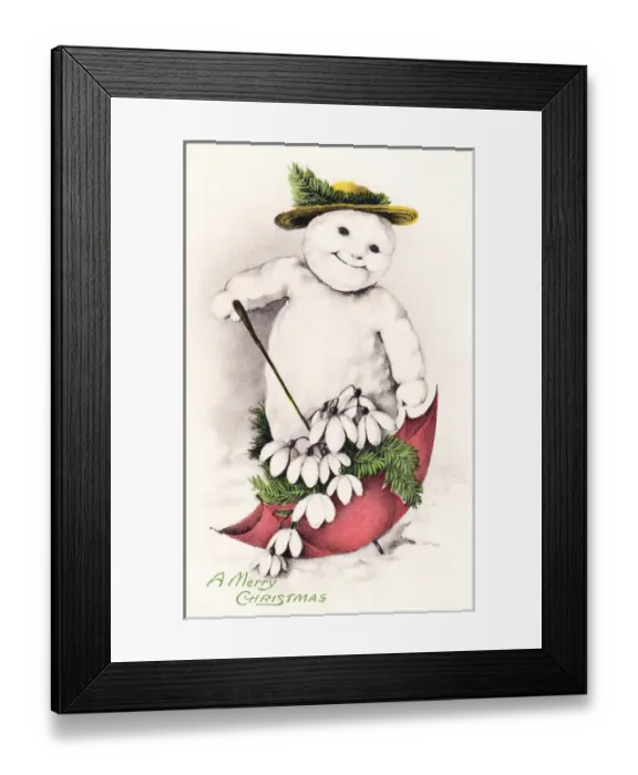 Framed Print : Snowman with umbrella on a Christmas postcard Framed Print : Snowman with umbrella on a Christmas postcard
