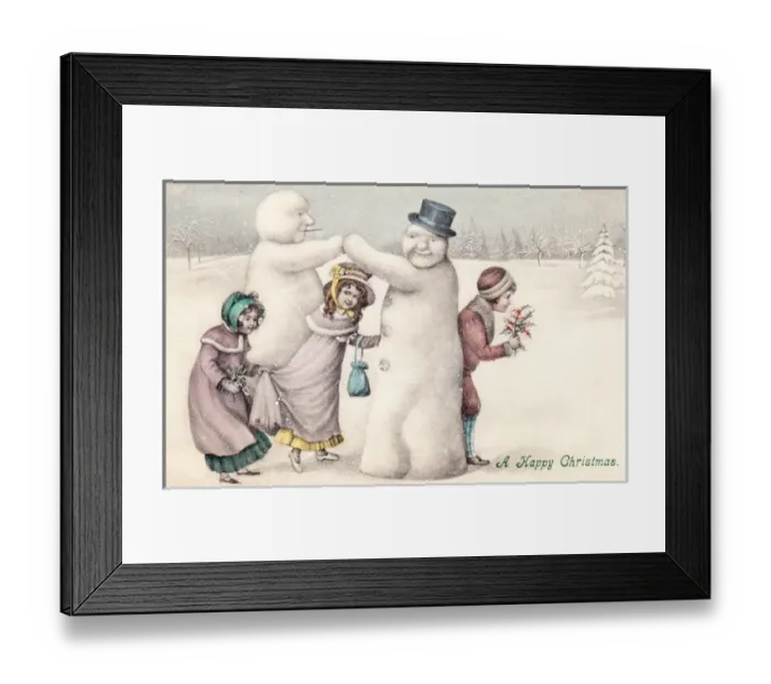 Framed Print : Children with snowmen on a Christmas postcard Framed Print : Children with snowmen on a Christmas postcard