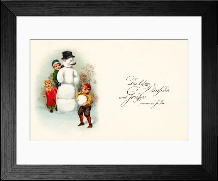 Framed Print : Children with snowman on a German New Year postcard Framed Print : Children with snowman on a German New Year postcard