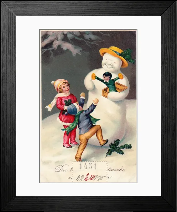 Framed Print : Children with snowman on a German Christmas postcard Framed Print : Children with snowman on a German Christmas postcard