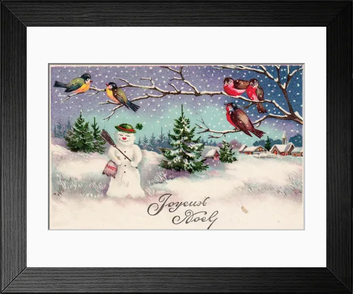 Framed Print : Snowman with birds on a French Christmas postcard Framed Print : Snowman with birds on a French Christmas postcard