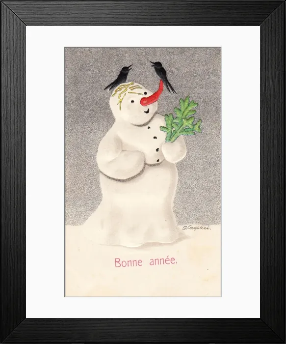 Framed Print : Snowman on a French New Year postcard