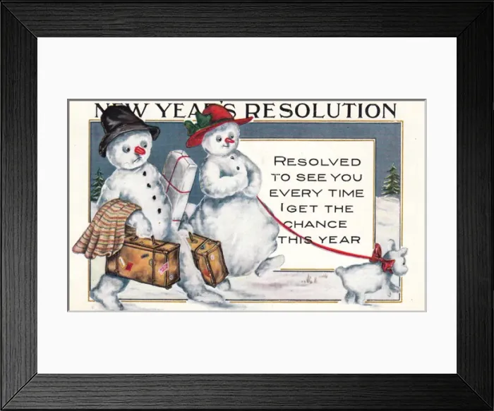 Framed Print : Snowman and snow woman on a New Year postcard Framed Print : Snowman and snow woman on a New Year postcard