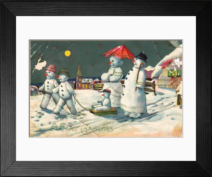 Framed Print : Snowman and family on a Christmas postcard Framed Print : Snowman and family on a Christmas postcard