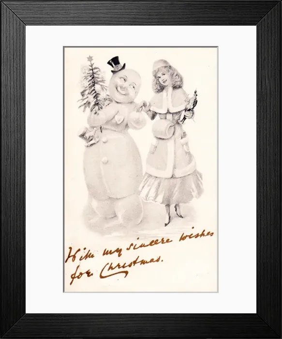 Framed Print : Snowman and young woman on a Christmas postcard Framed Print : Snowman and young woman on a Christmas postcard