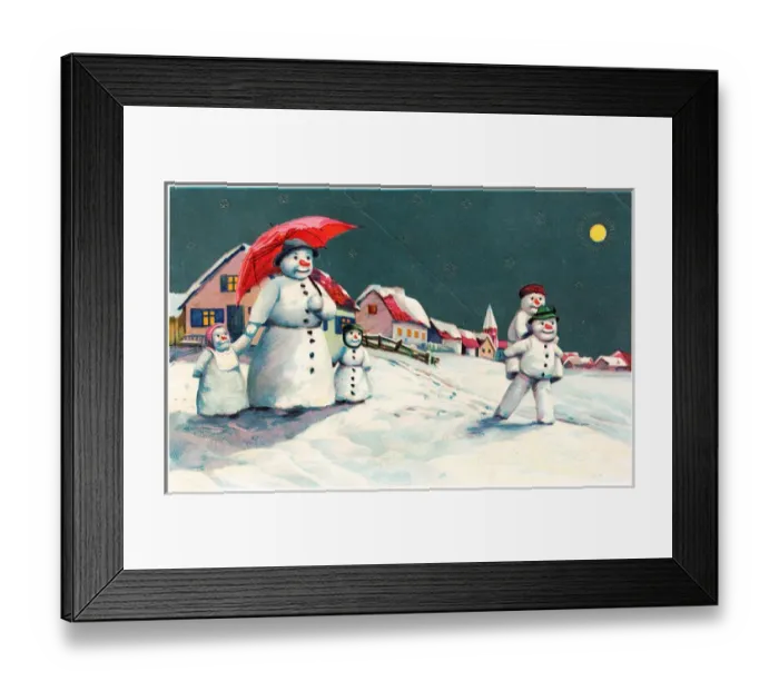Framed Print : Snow woman and children on a Christmas postcard Framed Print : Snow woman and children on a Christmas postcard
