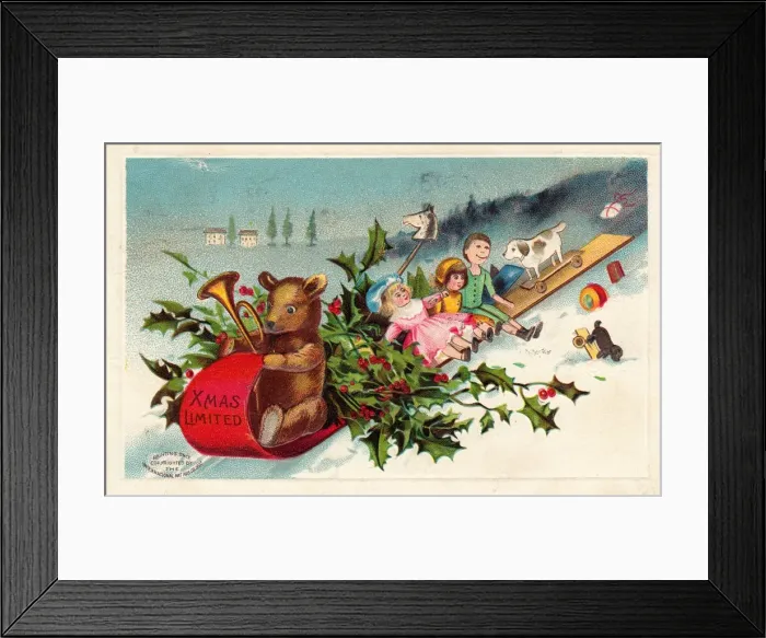 Framed Print : Teddy bear and toys on a Christmas postcard Framed Print : Teddy bear and toys on a Christmas postcard