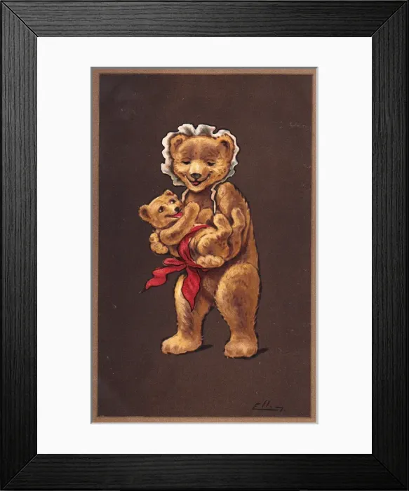 Framed Print : Teddy bear mother and child on a postcard Framed Print : Teddy bear mother and child on a postcard