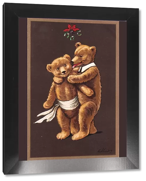 Teddy bear couple on a Christmas postcard