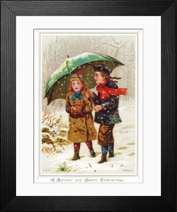 Framed Print : Boy and girl in the snow on a Christmas card Framed Print : Boy and girl in the snow on a Christmas card