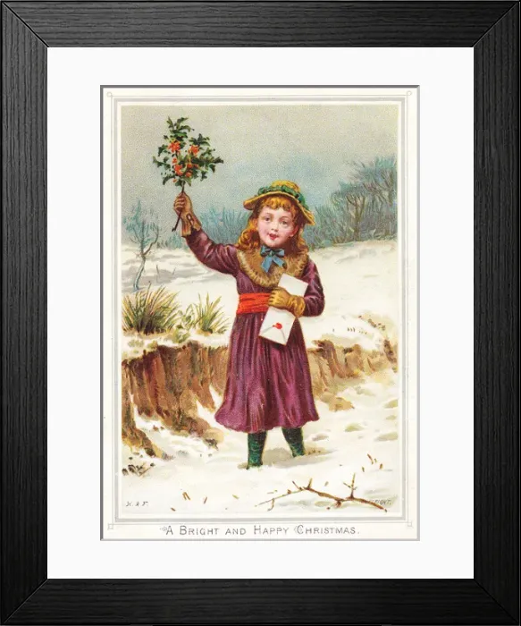 Framed Print : Little girl with holly on a Christmas card Framed Print : Little girl with holly on a Christmas card
