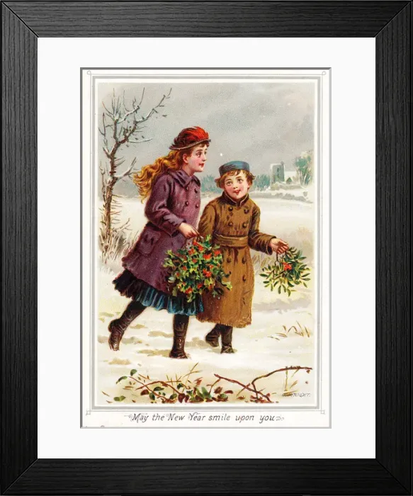 Framed Print : Boy and girl in the snow on a New Year card Framed Print : Boy and girl in the snow on a New Year card