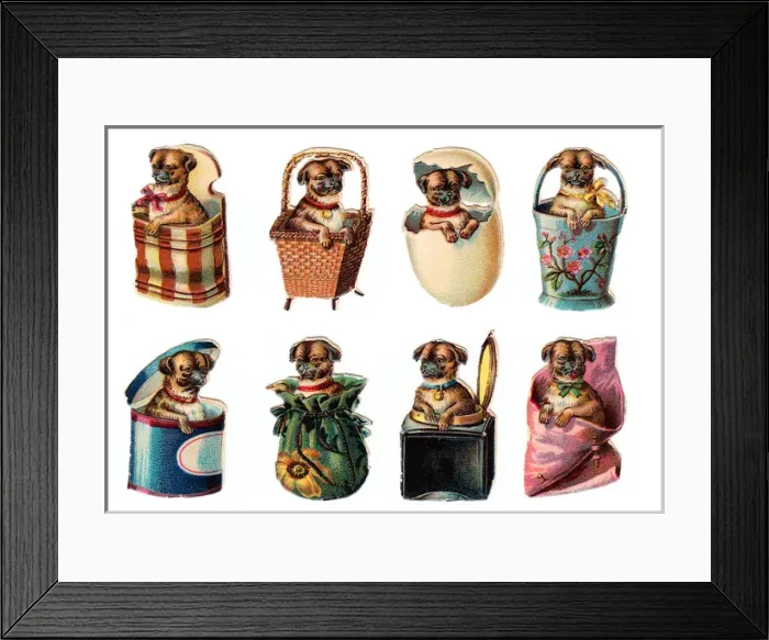 Framed Print : Dogs in containers on eight Victorian scraps Framed Print : Dogs in containers on eight Victorian scraps