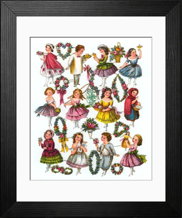 Framed Print : Boys, girls and flowers on twelve Victorian scraps Framed Print : Boys, girls and flowers on twelve Victorian scraps