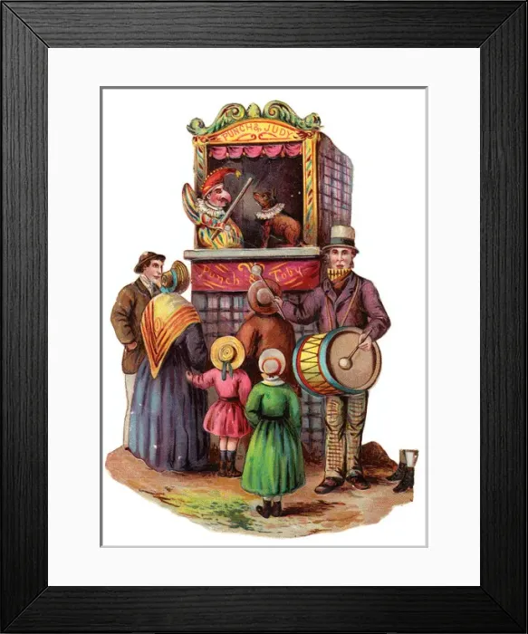 Framed Print : Punch and Judy show on a Victorian scrap Framed Print : Punch and Judy show on a Victorian scrap