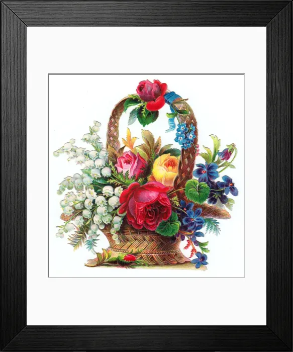 Framed Print : Basket of flowers on a Victorian scrap Framed Print : Basket of flowers on a Victorian scrap