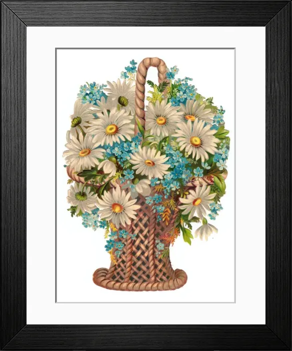 Framed Print : Basket of flowers on a Victorian scrap Framed Print : Basket of flowers on a Victorian scrap