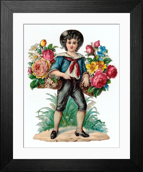 Framed Print : Boy with baskets of flowers on a Victorian scrap Framed Print : Boy with baskets of flowers on a Victorian scrap