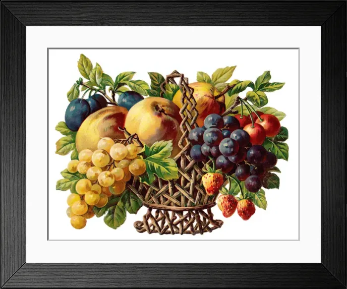 Framed Print : Basket of fruit on a Victorian scrap Framed Print : Basket of fruit on a Victorian scrap