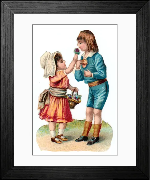 Framed Print : Boy and girl with a basket of flowers on a Victorian scrap Framed Print : Boy and girl with a basket of flowers on a Victorian scrap