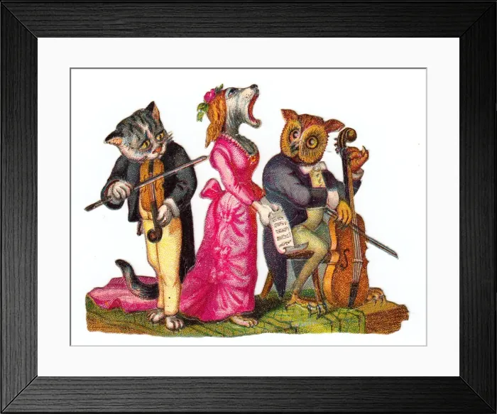 Framed Print : Musical cat, dog and owl on a Victorian scrap Framed Print : Musical cat, dog and owl on a Victorian scrap