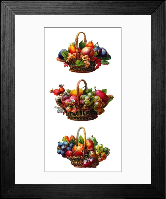 Framed Print : Baskets of fruit on three Victorian scraps Framed Print : Baskets of fruit on three Victorian scraps