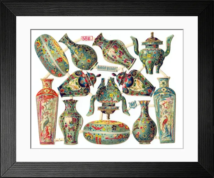 Framed Print : Oriental porcelain on a sheet of Victorian scraps Framed Print : Oriental porcelain on a sheet of Victorian scraps