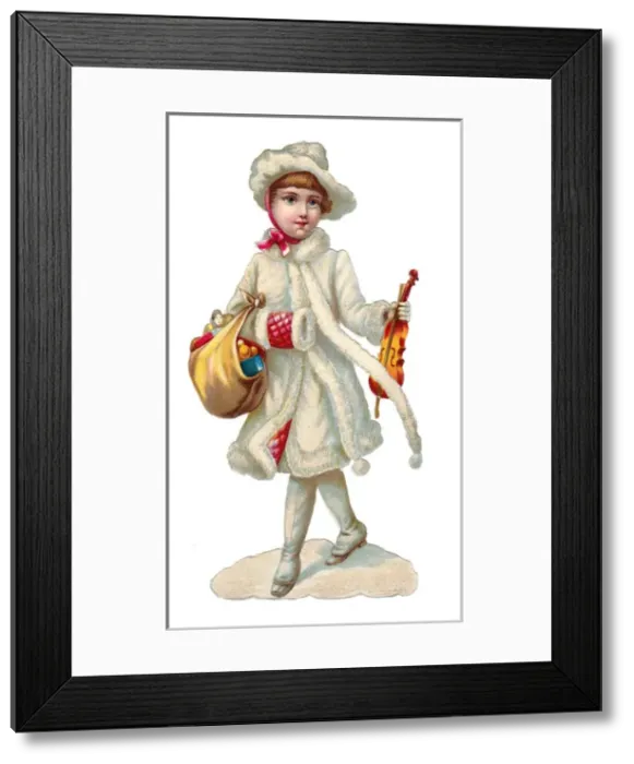 Framed Print : Girl with toys and violin on a Victorian Christmas scrap Framed Print : Girl with toys and violin on a Victorian Christmas scrap