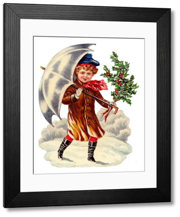 Framed Print : Boy with holly on a Victorian Christmas scrap Framed Print : Boy with holly on a Victorian Christmas scrap