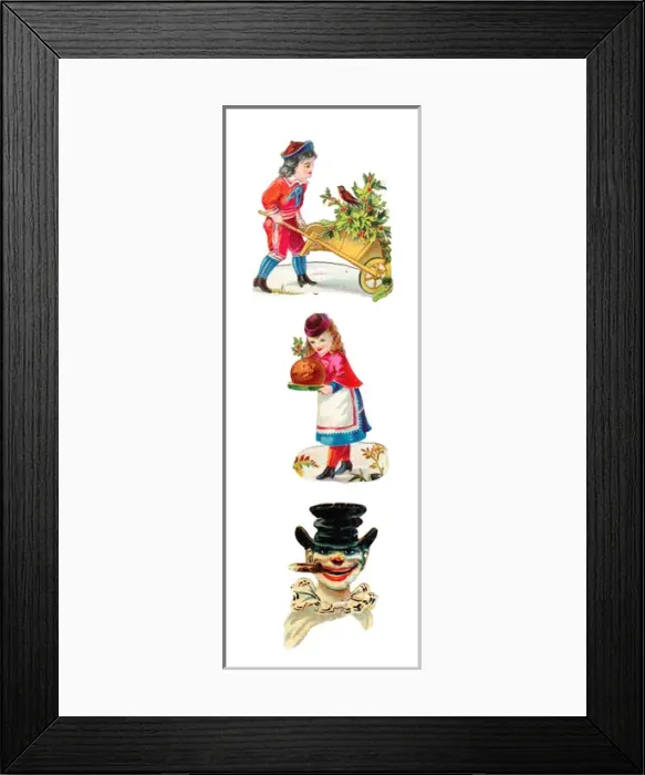 Framed Print : Boy, girl and clown on three Victorian Christmas scraps Framed Print : Boy, girl and clown on three Victorian Christmas scraps