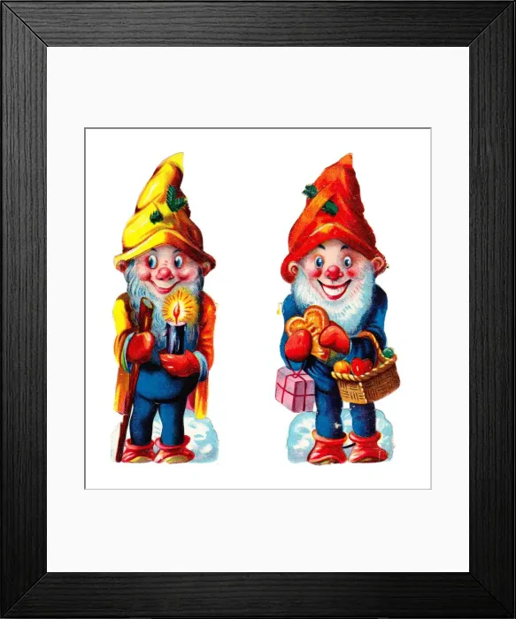 Framed Print : Colourful gnomes on two Victorian Christmas scraps Framed Print : Colourful gnomes on two Victorian Christmas scraps